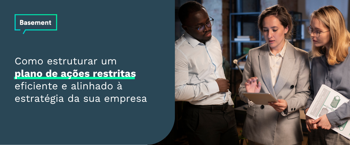 Ilustração de um plano de ações restritas (RSUs) sendo aplicado em uma empresa com foco em performance e retenção de talentos.